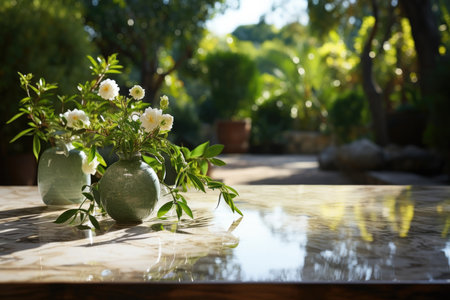 A Marble Countertop Against Backdrop Of Tranquil And Luxurious Outdoor Patioの素材