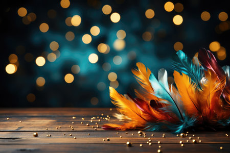 A Wooden Tabletop Against Backdrop Of Vibrant Carnival Blank Surfaceの素材