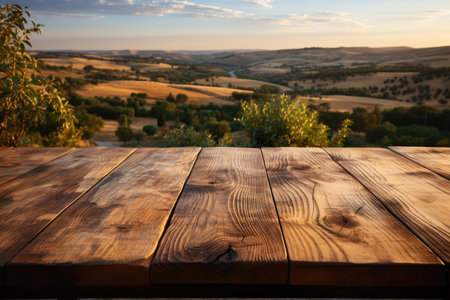 A Wooden Table Against Backdrop Of Peaceful Countryside Blank Surfaceの素材