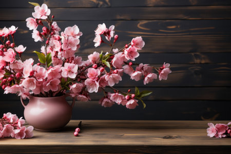 A Wooden Table Against Backdrop Of Blooming Cherry Blossoms Blank Surfaceの素材