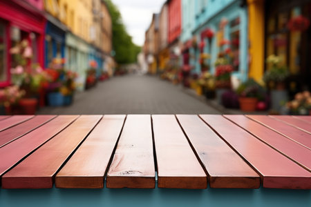 A Wooden Table Against Backdrop Of Colorful Street Fair Blank Surfaceの素材