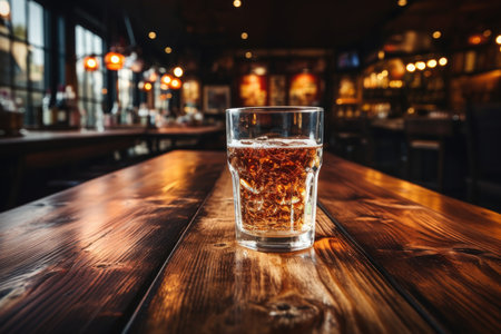 A Wooden Tabletop With Glass Of Beer Backdrop Of Lively Sports Bar Blank Surfaceの素材