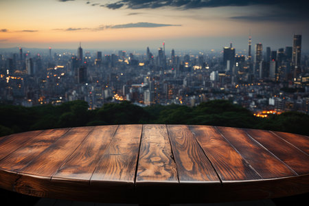 A Wooden Tabletop Against Backdrop Of Vibrant City Skyline Blank Surfaceの素材