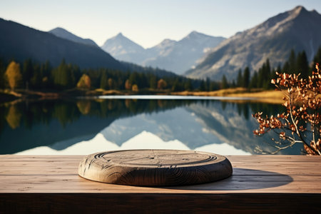 A Wooden Tabletop Against Backdrop Of Tranquil Lake Blank Surfaceの素材