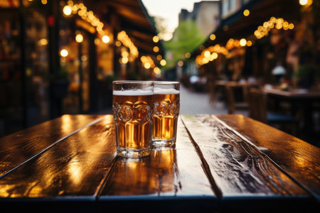 A Wooden Tabletop With Glass Of Beer Backdrop Of Vibrant Street Market Blank Surfaceの素材