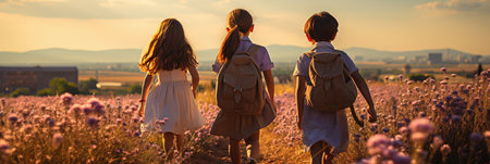 Backs Schoolchildren With Schoolbag Running To School In Lavender Fieldの素材