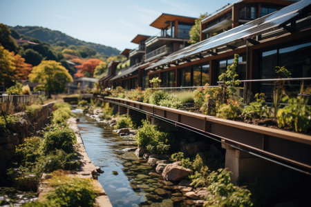 School Sustainable Design Elements Like Solar Panels Rainwater Harvesting Systemsの素材