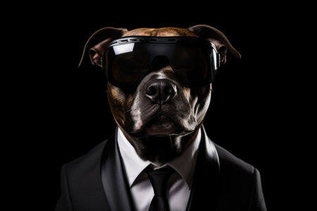 American Staffordshire Terrier Dog In Suit And Virtual Reality On Black Background.の素材