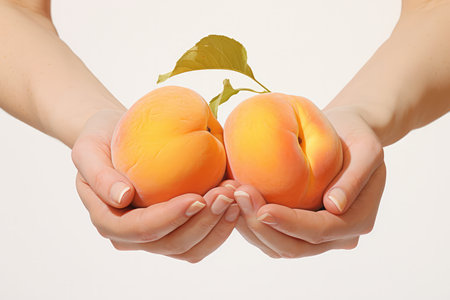 A Woman Holding Two Peaches In Their Hands.の素材