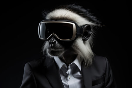 Eastern Blackandwhite Colobus In Suit And Virtual Reality On Black Background.の素材