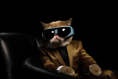 Exotic Shorthair In Suit And Virtual Reality On Black Background.の素材