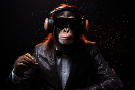 Spider Monkey In Suit And Virtual Reality On Black Background.の素材