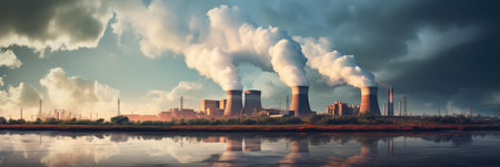 A Painting Of A Factory With Smoke Coming Out Of It.の素材
