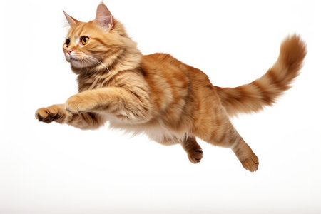 Jumping Moment, Manx Cat On White Background.の素材