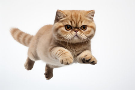 Jumping Moment, Exotic Shorthair Cat On White Background.の素材