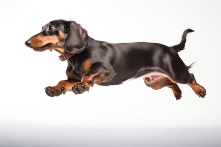 Jumping Moment, Dachshund Dog On White Background.の素材
