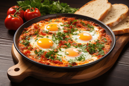 Top View, Shakshuka On A Wooden Boardon White Background.の素材