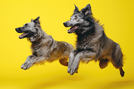 Jumping Moment, Two Nebelung Dogs On Yellow Background.の素材