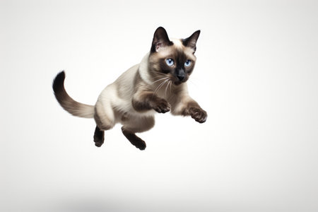 Jumping Moment Siamese Cat On White Background.の素材