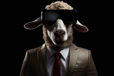 Sheep In Suit And Virtual Reality On Black Background .の素材