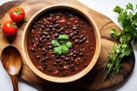 Top View, Vegan Black Bean Soup On A Wooden Boardon White Background.の素材