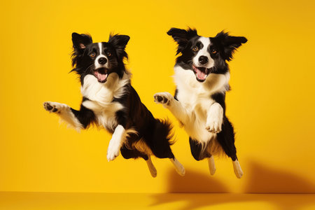 Jumping Moment, Two Border Collie Dogs On Yellow Background.の素材
