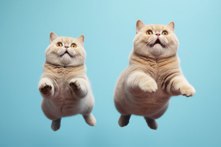 Jumping Moment, Two British Shorthair Cats On Sky Blue Background.の素材