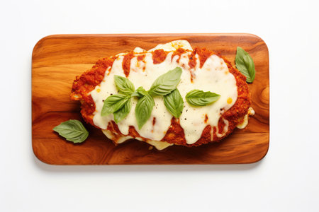 Top View, Chicken Parmesan On A Wooden Boardon White Background.の素材