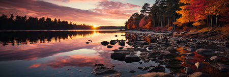 Breathtaking Sunset Over A Lake Surrounded By Autumn Colors.の素材