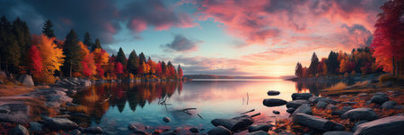 Breathtaking Sunset Over A Lake Surrounded By Autumn Colors.の素材