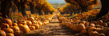 Pumpkin Patch With Rows Of Pumpkins In Various Shapes And Sizes.の素材