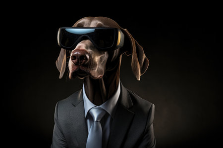 Weimaraner Dog In Suit And Virtual Reality On Black Background.の素材