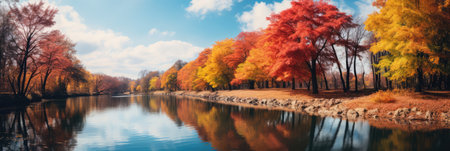 Vibrant Autumn Trees Lining A Peaceful Riverbank.の素材