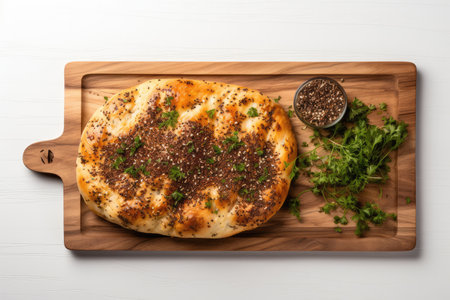 Top View, Zaatar Bread On A Wooden Boardon White Background.の素材