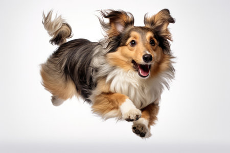 Jumping Moment, Shetland Sheepdog Dog On White Background.の素材