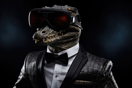 Crocodile In Suit And Virtual Reality On Black Background.の素材