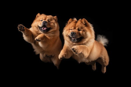 Jumping Moment, Two Chow Chow Dogs On Black Background.の素材
