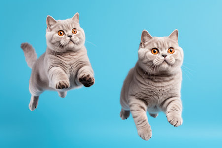 Jumping Moment, Two British Shorthair Cats On Sky Blue Background.の素材