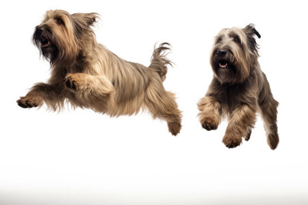 Jumping Moment, Two Briard Dogs On White Background.の素材