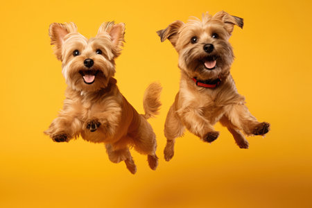 Jumping Moment, Two Norfolk Terrier Dogs On Yellow Background.の素材