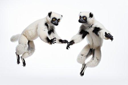Jumping Moment, Two Coquerels Sifaka On White Background.の素材