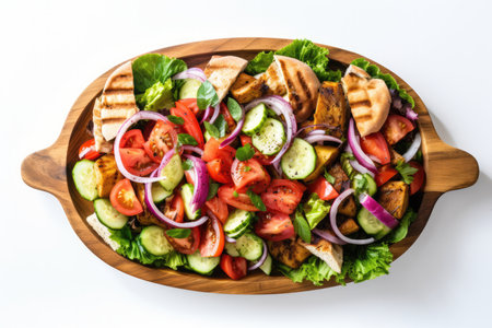 Top View, Fattoush On A Wooden Boardon White Background.の素材