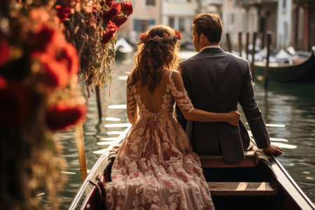 A Couple Enjoying A Romantic Gondola Ride Through The Enchanting Canals Of Venice. Romance In Venice, Gondola Rides, Picturesque Canals, Exploring Venetian Architecture.の素材