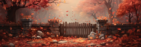 Nostalgic Autumn Scene With A Wooden Fence And Falling Leaves.の素材