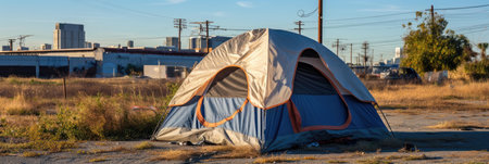 A Tent In A Field With A City In The Background.の素材