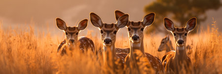 A Herd Of Deer Standing Next To Each Other In A Field. Herd Of Deer, Standing Together, Field, Wildlife, Protection, Habitat, Grasses, Environment.の素材