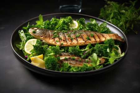 A Plate Of Fish And Vegetables On A Table. Health Benefits Of Fish And Veggies, Preparing Fish And Veggies, Plantbased Nutrition And Ideas, Best Fish Varieties, Easy Fish Recipes.の素材