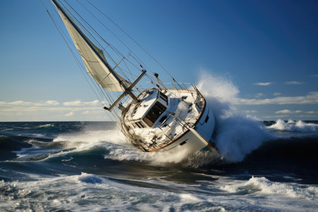 Sailboat Crashes In A Ocean Clear Sky. Sailboat, Ocean, Clearsky, Safety, Prevention, Damage, Rescue, Equipment.の素材