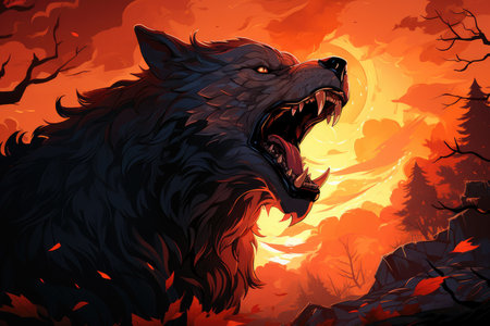 Frightening Werewolf With Sharp Claws And Fur Howling Under The Full Moon. Werewolf Claws, Fur, Howling, Full Moon, Fearful Encounter, Lonely Night, Terrorizing Nature, Mystical Powers.の素材