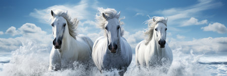 Two White Horses Are Running Through The Water. Two White Horses, Running Through Water, Animal Power, Wild Beauty, Equine Strength, Wet Freedom, Majestic Movements, Invigorating Moment.の素材